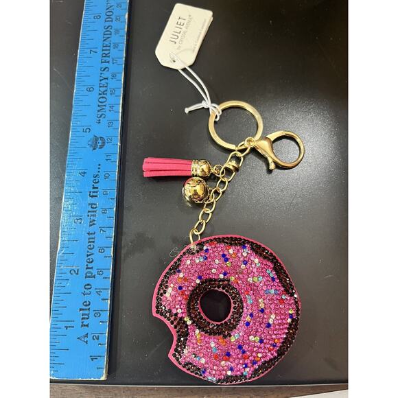 Bling Crystal Rhinestone Sprinkled Donut Keychain Keyring Bag Charm Tassel Pink - Picture 2 of 3